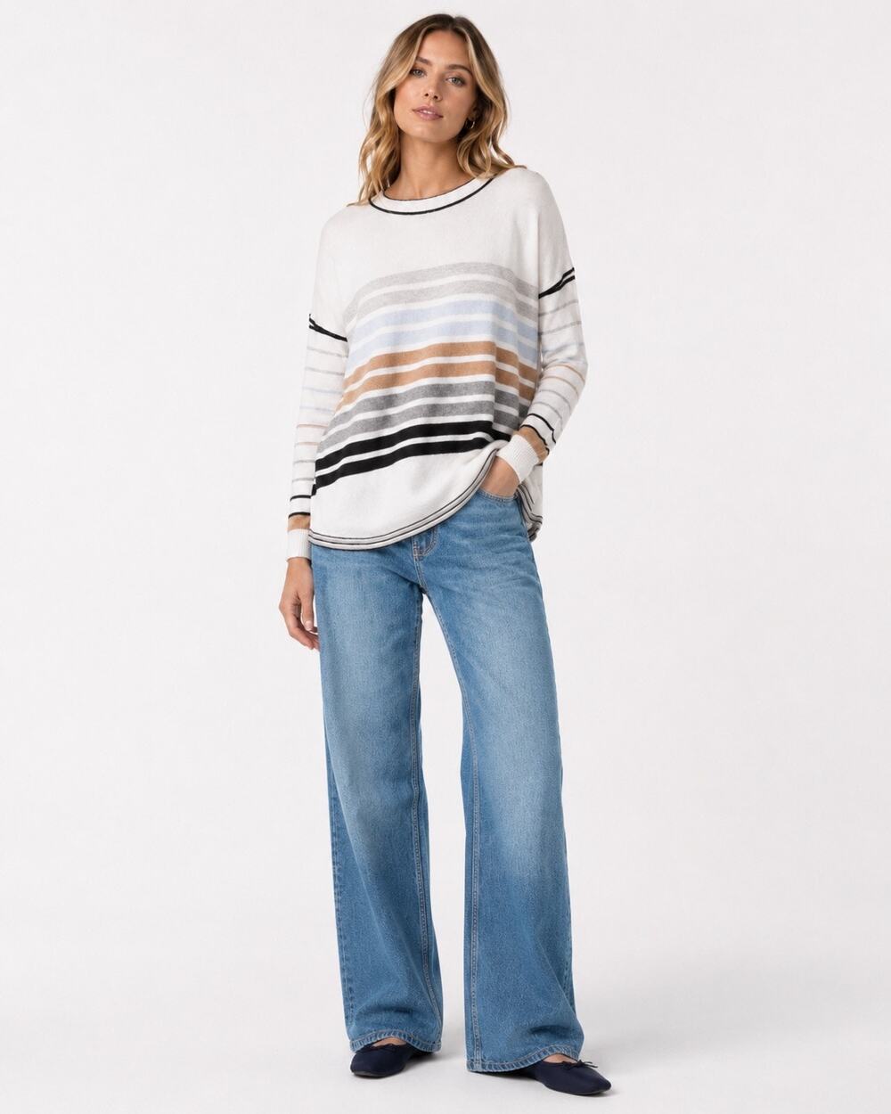 Zaket & Plover Cream Striped Cashmere Blend Relaxed Swing Sweater Coastal Size M